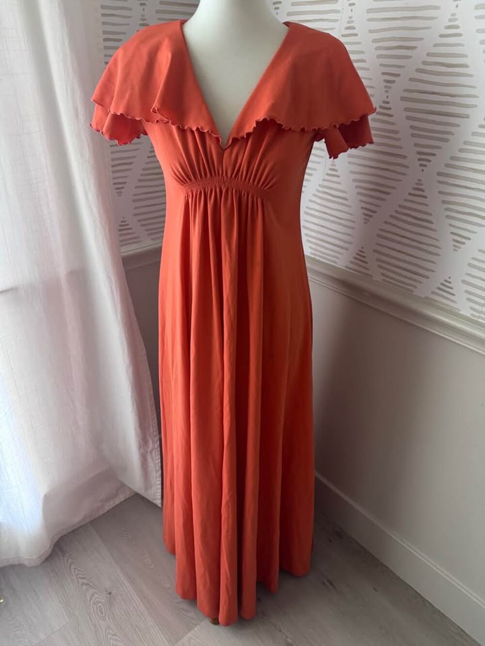 Vintage 70s Sears Flutter Sleeve Orange Red Maxi Dress Small Party Cocktail